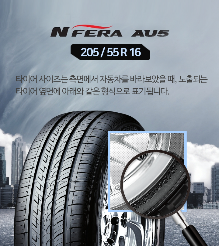 NFERA AU5 205/55 R 16 타이어 사이즈는 측면에서 자동차를 바라보았을 때, 노출되는 타이어 옆면에 아래와 같은 형식으로 표기됩니다.
